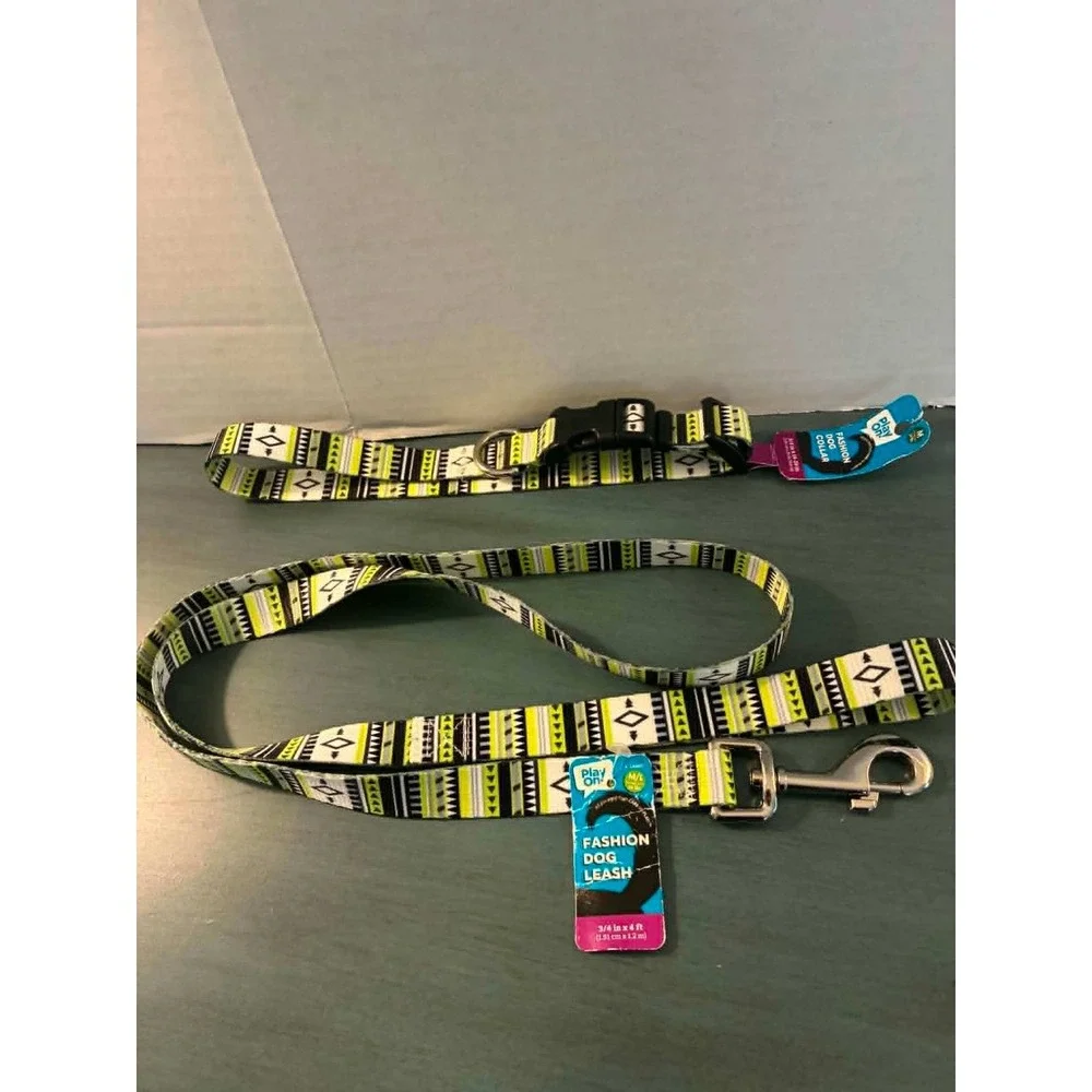 Play On Dog Collar Leash Set M/L Neon Yellow Geometric NWT Southwestern 4ft Lead